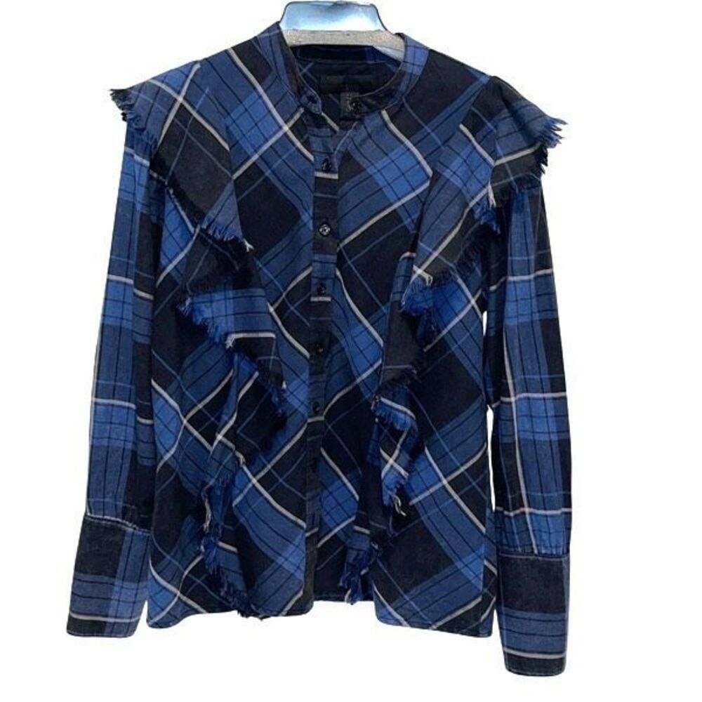 Maison Cinqcent Womens Fringe‎ Plaid Button Down Shirt Blue Black Size Small